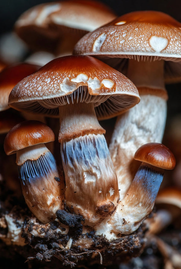 Close-up of a cluster of mushrooms with brown caps and white gills.