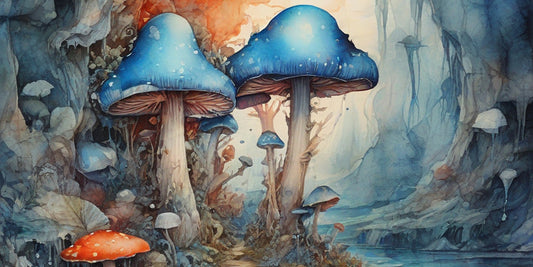 Blue Meanie Mushrooms Watercolor Art