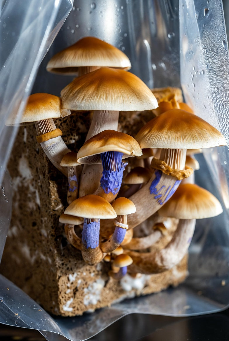Mushrooms growing on a substrate in a clear container