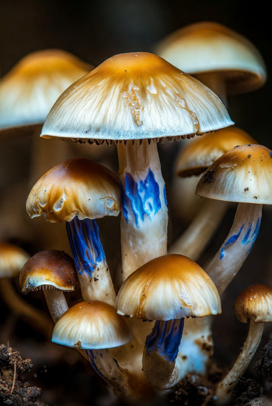 Close-up of mushrooms with blue gills on a dark background