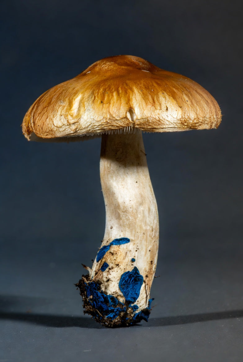 Mushroom with a brown cap and blue spots on the stem against a dark background