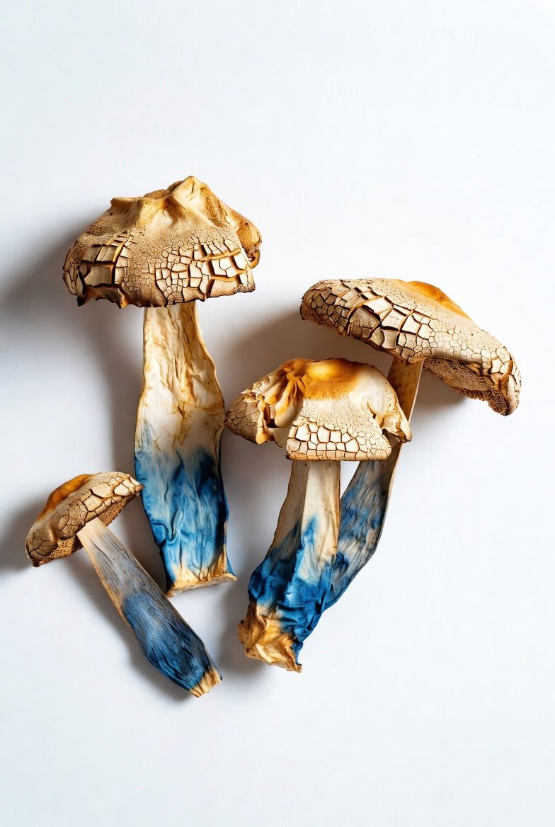 Three decorative mushrooms with cracked textures on a white background