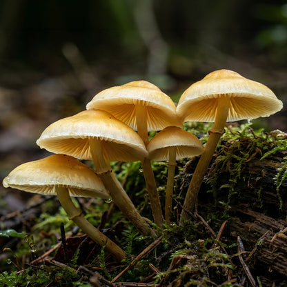 Group of mushrooms on a mossy log in a forest setting