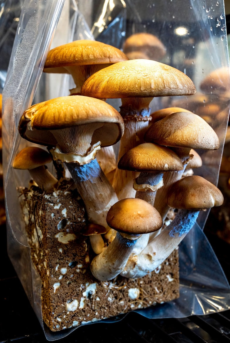 Mushrooms growing on a block of wood in a clear plastic bag.