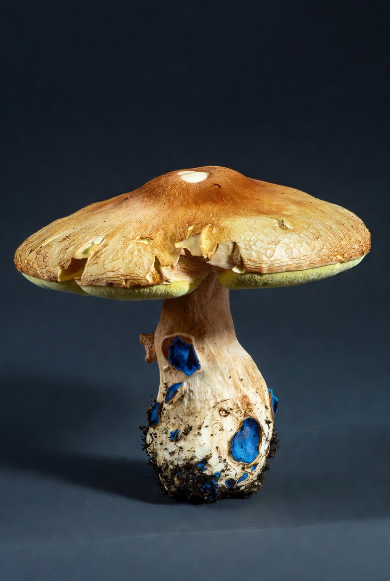 Mushroom with blue spots on a dark background