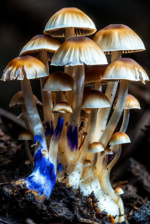 Close-up of a cluster of mushrooms with one blue mushroom among them.