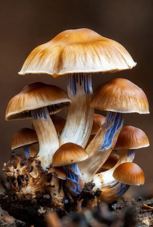 Cluster of mushrooms with brown caps and blue gills on a dark background