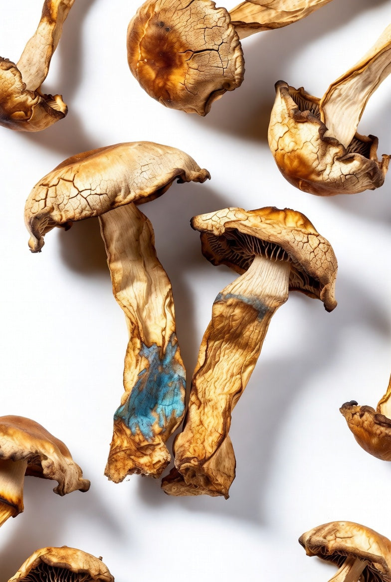 Dried mushrooms on a white background
