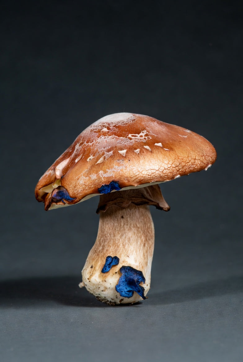 Mushroom with a brown cap and white stem on a dark background