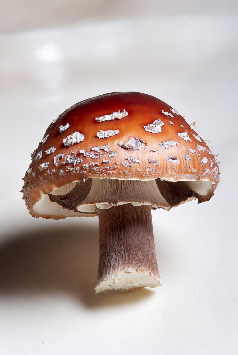 Mushroom with a brown cap and white gills on a light background