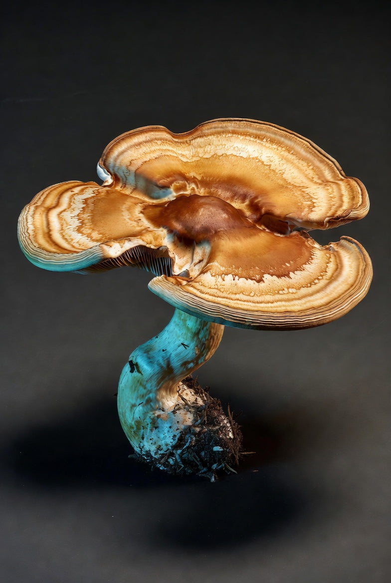 Close-up of a unique mushroom with brown and blue colors on a dark background