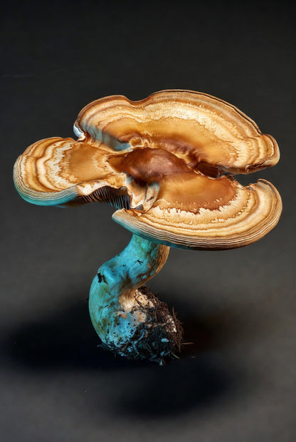Close-up of a unique mushroom with brown and blue colors on a dark background