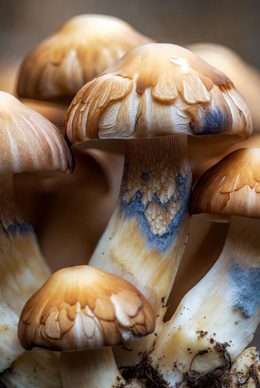 Close-up of a cluster of mushrooms with visible gills.