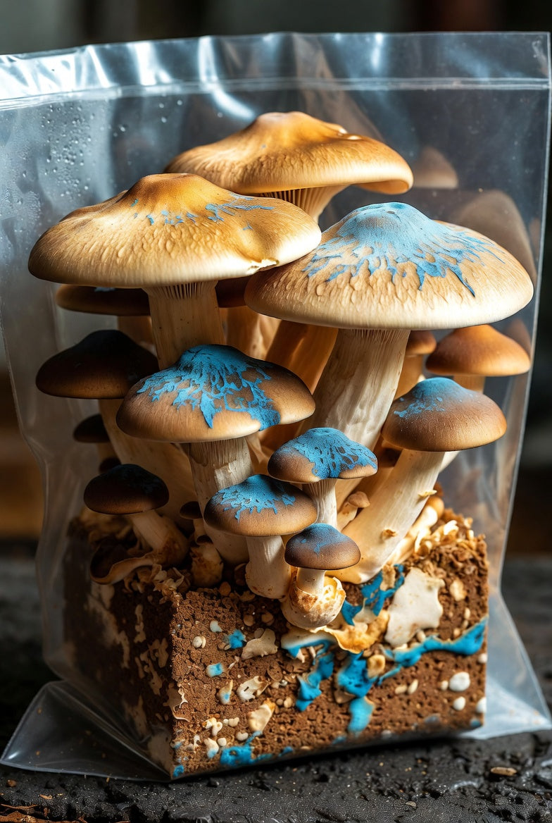 Mushrooms with blue spores in a clear plastic bag on a dark background