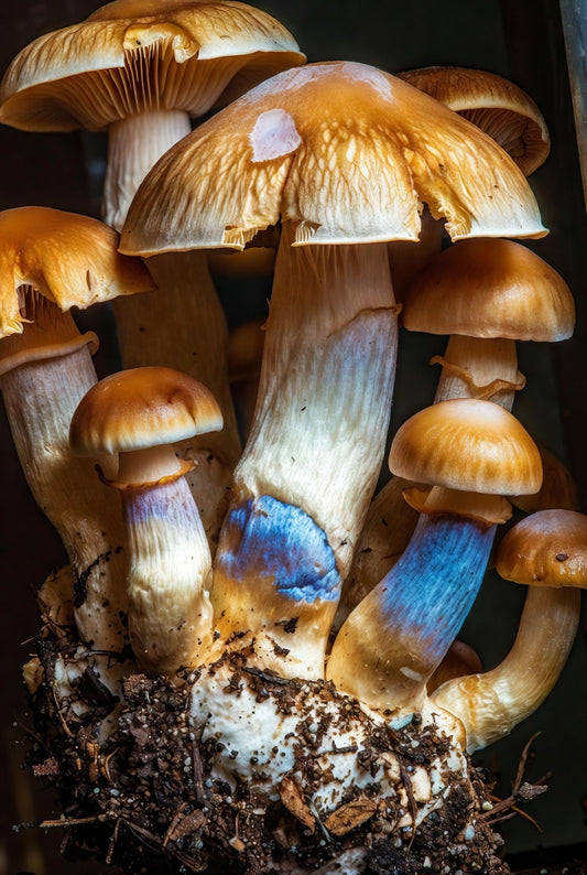 Close-up of mushrooms with a focus on one with a blue stem.