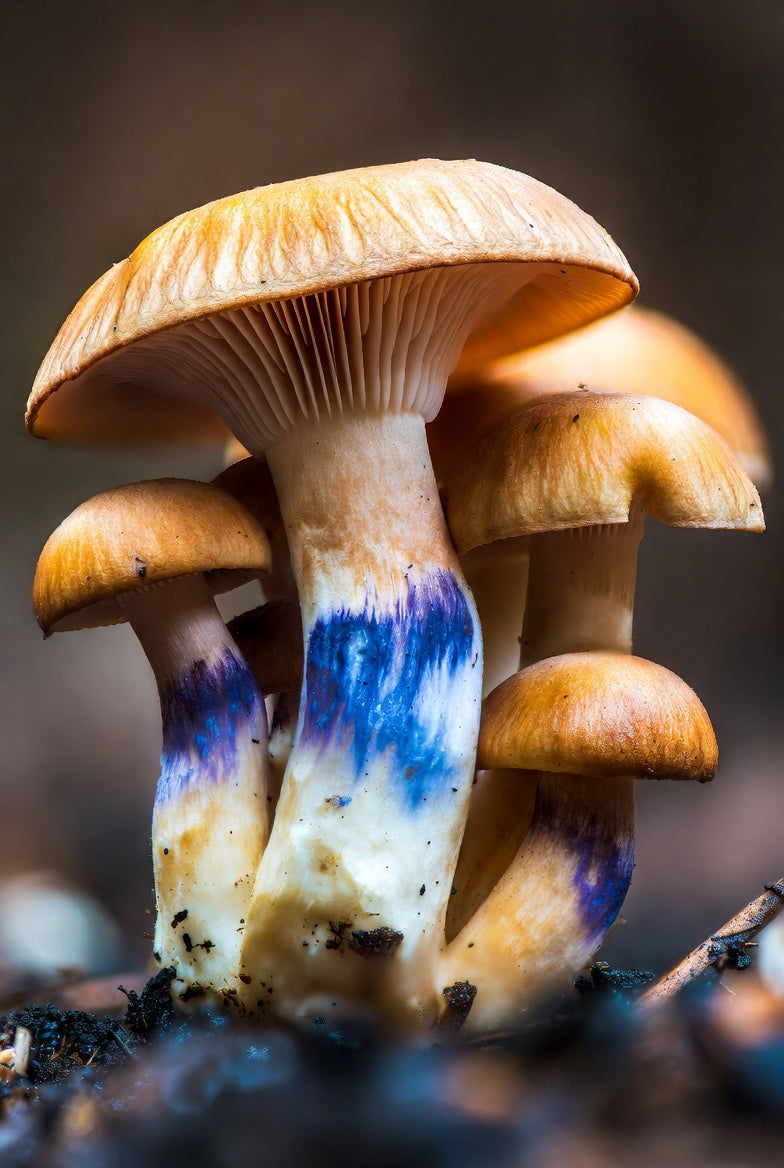Close-up of a cluster of mushrooms with a focus on their unique blue stems.