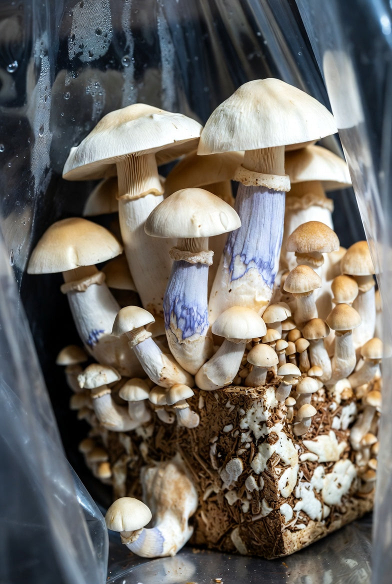 Mushroom-shaped decorative items in a clear plastic bag
