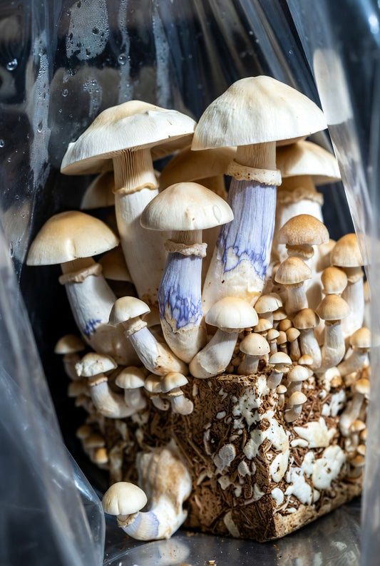 Mushroom-shaped decorative items in a clear plastic bag