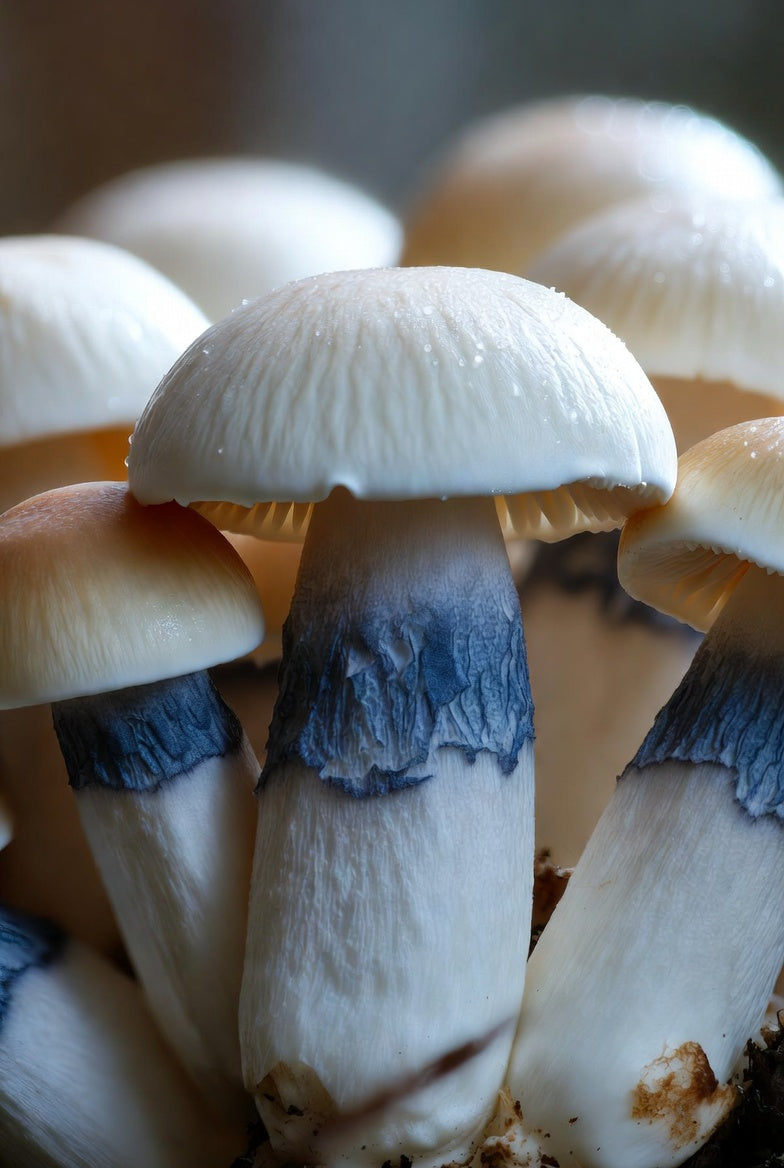 Close-up of a cluster of mushrooms with a blurred background