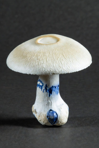 White ceramic mushroom with blue accents on a dark background
